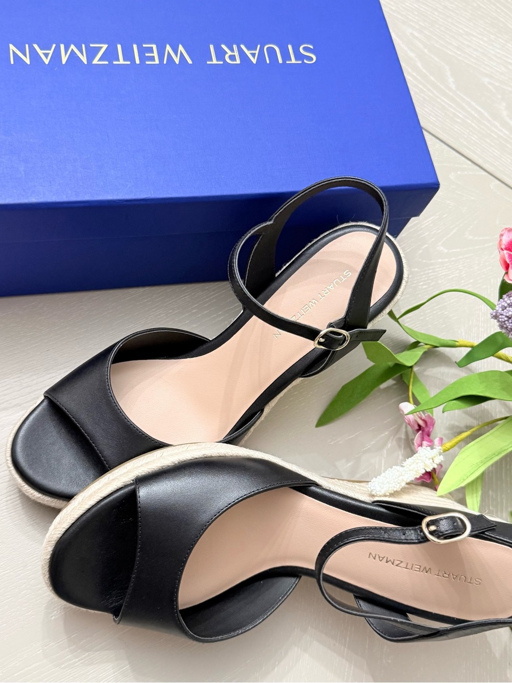 Stuart Weitzman Black Leather Espadrille Slingback Sandals with Tan Jute Sole